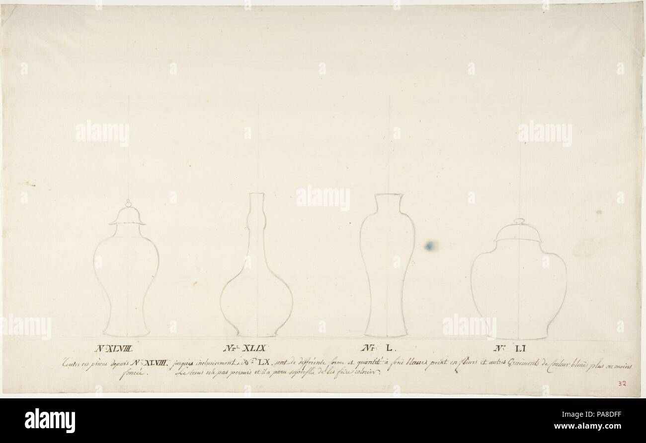 Design für vier Vasen. Künstler: Anonym, Französisch, 18. Abmessungen: 14 13/16 x 9 1/8 in. (37,7 x 23,2 cm). Datum: Ca. 1770-85. Museum: Metropolitan Museum of Art, New York, USA. Stockfoto