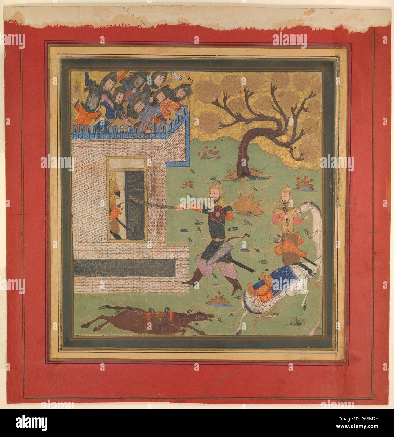 "Bizhan Kräfte Farud zum Rückzug in seine Fort", Folio aus einem shahnama (Buch der Könige). Thema: Abu'l Qasim Firdausi (935-1020). Abmessungen: 7.87 hoch 7.37 breit (20 cm hoch 18,7 cm breit). Datum: Ca. 1430-40. Dieses Gemälde zeigt die dramatischen Konfrontation zwischen der Held Bizhan, auf der rechten Seite, und Farud, der tapfere Halbbruder des iranischen König Kai Khusrau, in der Festung auf der linken Seite. Jeder hat gerade Pferd seines Gegners geschlagen, und schließlich Farud wird auch getötet werden. Dieses Bild stammt aus einer Kopie der hoch Shahnama Persianate <i></i>, die wahrscheinlich im Norden Indiens gemacht wurde. Die Farbe Stockfoto