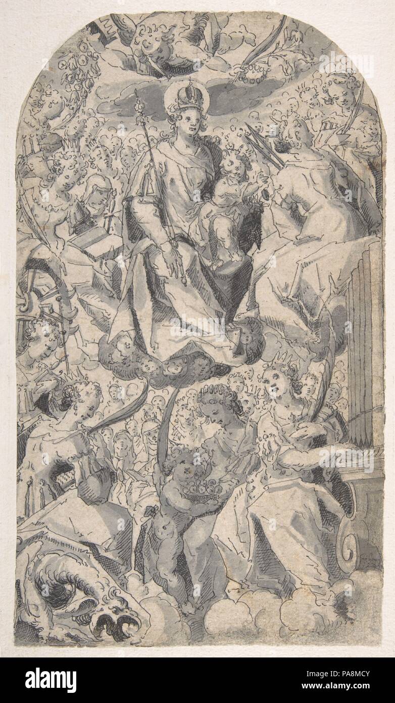Madonna und Kind von weiblichen Heiligen umgeben. Artist: Joseph Heintz der Jüngere (Deutsch, Augsburg Ca. 1600-1678 Venedig). Maße: Blatt: 12 1/2 x 7 3/16 in. (31,8 x 18,3 cm). Datum: 1600-1678. Museum: Metropolitan Museum of Art, New York, USA. Stockfoto