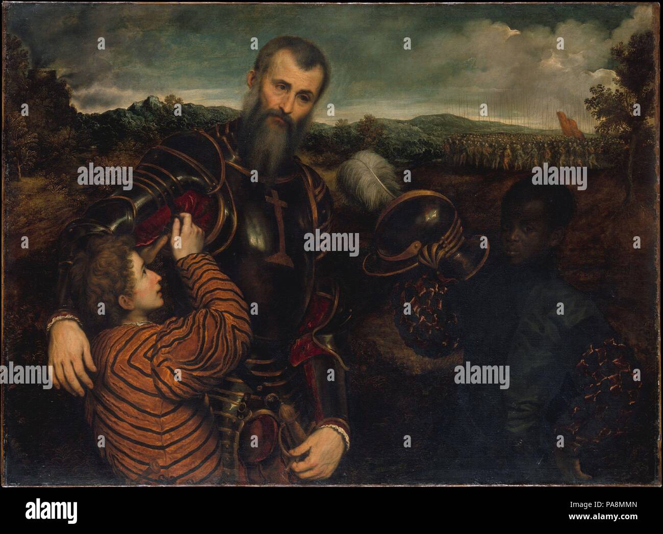 Porträt eines Mannes in der Rüstung mit zwei Seiten. Artist: Paris Bordon (Italienisch, Treviso Venedig 1500-1571). Abmessungen: 46 x 62 in. (116.8 x 157.5 cm). Dieses Gemälde zeigt ein hochrangiger Offizier mit zwei Seiten, von denen einer, ein Afrikaner, seinen Helm hält, während die anderen die Rüstung auf seinem rechten Arm befestigt ist. Es gehört zu einer langen Geschichte des Porträts von Militärs in der Rüstung, aber das umfangreiche Landschaft Hintergrund, mit stürmischen Himmel über dem vorrückenden Armeen und die Stimmung der Melancholie sind einzigartig zu Bordon. Obwohl wir nicht wissen, die Identität der Sitter, der Mailänder gewesen sein kann, diese Arbeit wurde viel Stockfoto