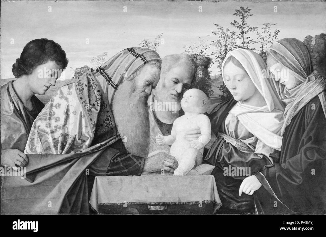 Die Beschneidung. Artist: Workshop von Giovanni Bellini (Italienisch, Venedig, aktiv von 1459 - gestorben 1516 Venedig). Abmessungen: 26 3/4 x 40 1/2 in. (67,9 x 102,9 cm). Datum: 1511. Das Bild wurde im Bellini's Werkstatt gefertigt und folgt einer Karikatur von der Master. In den bedeutendsten Beispiel für die Zusammensetzung, die in der National Gallery, London, die Figuren sind mit leichten Variationen gegen einen dunklen, neutralen Hintergrund statt einer Landschaft dargestellt. Die vorliegende Bild wurde in Vincenzo Catena zugeschrieben worden, aber die Ähnlichkeiten zu seiner Arbeit sind oberflächlich. Das Bild wurde schlecht overcleaned. In c Stockfoto