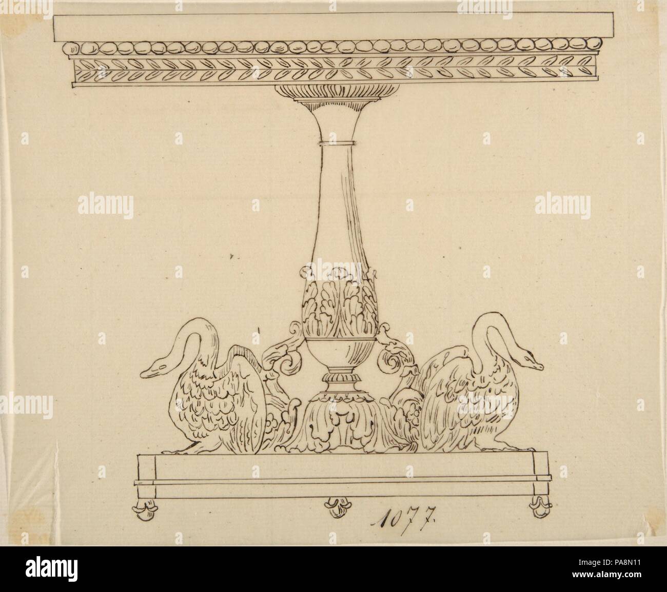 Design für eine Tabelle mit einem akanthus Blättern und Swan Base. Künstler: Anonym, Französisch, 19. Maße: Blatt: 6 1/4 x 7 9/16 in. (15,8 x 19,2 cm). Datum: 19. Museum: Metropolitan Museum of Art, New York, USA. Stockfoto