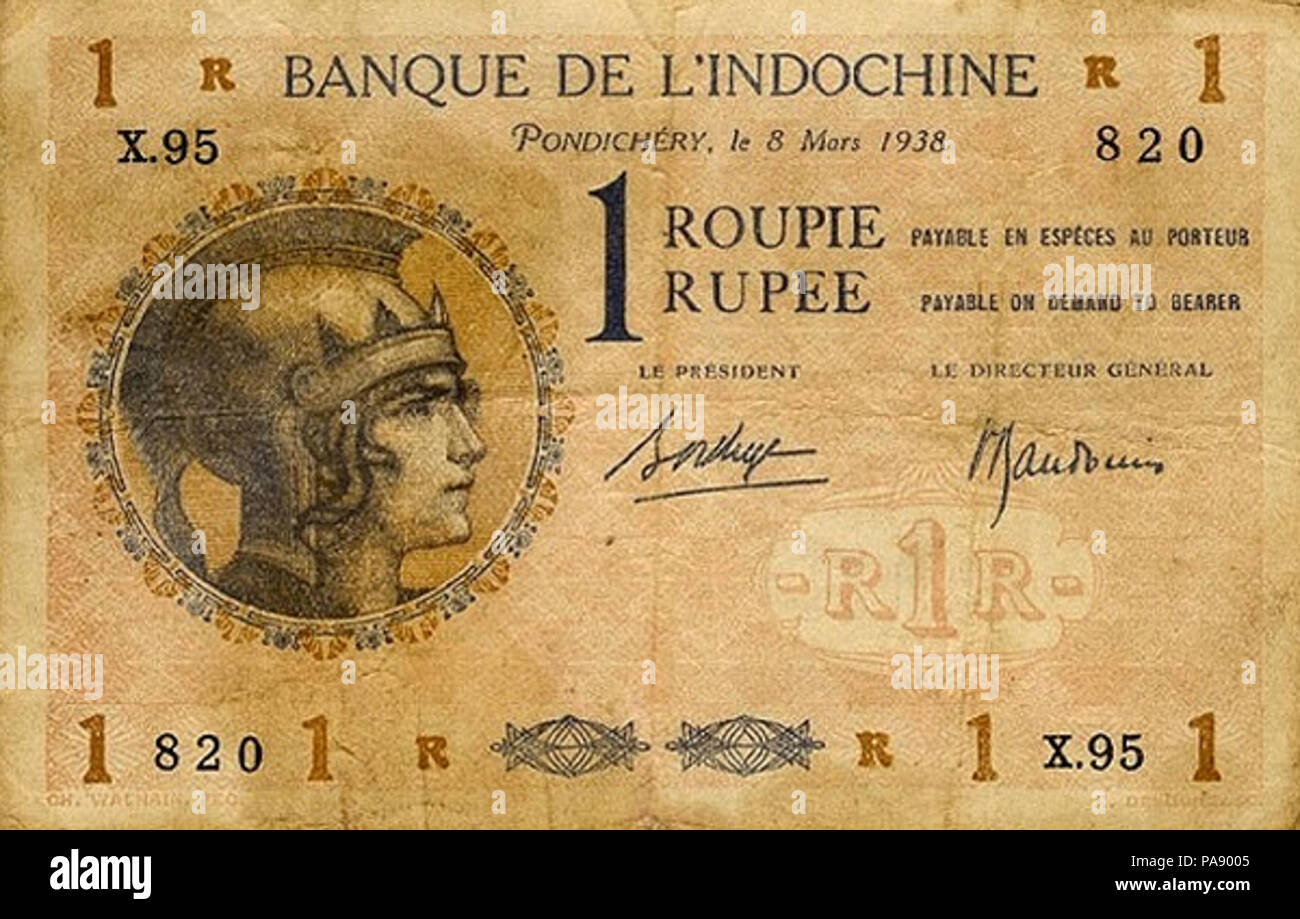 119 1 Roupie - Banque de l'Indo-Chine, Pondichéry Zweig (1938), 01. Stockfoto