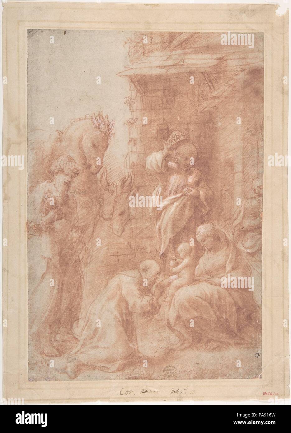 Die Anbetung der Heiligen Drei Könige. Künstler: Correggio (Antonio Allegri) (Italienisch, Correggio, aktiv von 1514 - gestorben 1534 Correggio). Abmessungen: 11-7/16 x 7-3/4 in. (29,1 x 19,7 cm). Datum: Ca. 1517. Es ist möglich, Correggio diese Zeichnung als autonome Arbeit in sich selbst erzeugt, als stolzer Display seines Bauzeichnen, anstatt als eine vorbereitende Studie für eine Malerei, die Zustand der Oberfläche Ausarbeitung des Designs und der Grad der Fertigstellung der Details gegeben. Diese werden wie es kann, keiner der späteren Zeichnungen des Künstlers würde ein ähnlich fertigen Zusammensetzung aufweisen. A. E. Popham erste verglichen. Stockfoto