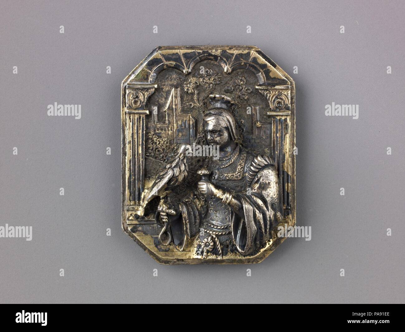 Frau mit einem Falcon und eine Blume. Kultur: Deutsch. Abmessungen: 4,1 x 3,4 cm, Gew. 22,23 g .. Datum: 19. Diese achteckigen Ozeanfahrt war im 19. Jahrhundert im Renaissancestil. Museum: Metropolitan Museum of Art, New York, USA. Stockfoto