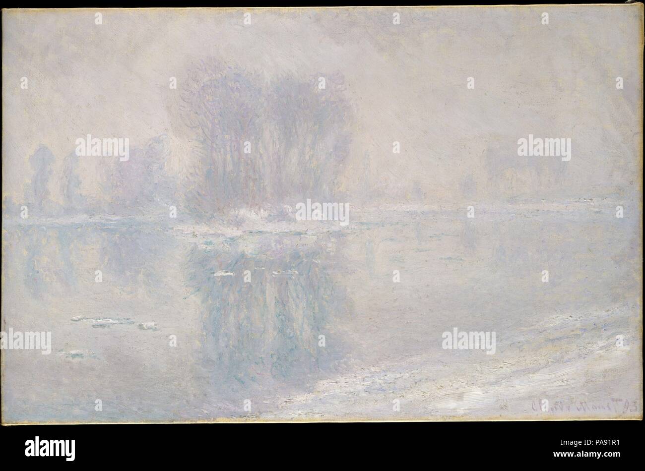 Eisschollen. Künstler: Claude Monet (Französisch, Paris 1840-1926 Giverny). Abmessungen: 26 x 39 cm. (66 x 100,3 cm). Datum: 1893. Der anhaltende Frost und schwere Schneefälle im Winter 1892-93 inspirierte Monet ihre Auswirkungen auf der Seine in einer Serie von Gemälden, für die er wählte einen Aussichtspunkt nicht weit von seinem Haus in Giverny zu erfassen. Der Fluss war in der Mitte eingefroren - Januar aber anfing zu tauen am 23.; am folgenden Tag, in einem Brief an seine Händler, Camille, Monet beklagte, dass "das Tauwetter zu früh kam für mich. . Die Ergebnisse - nur vier oder fünf Leinwände und sie sind bei weitem noch nicht abgeschlossen." Durch die Stockfoto