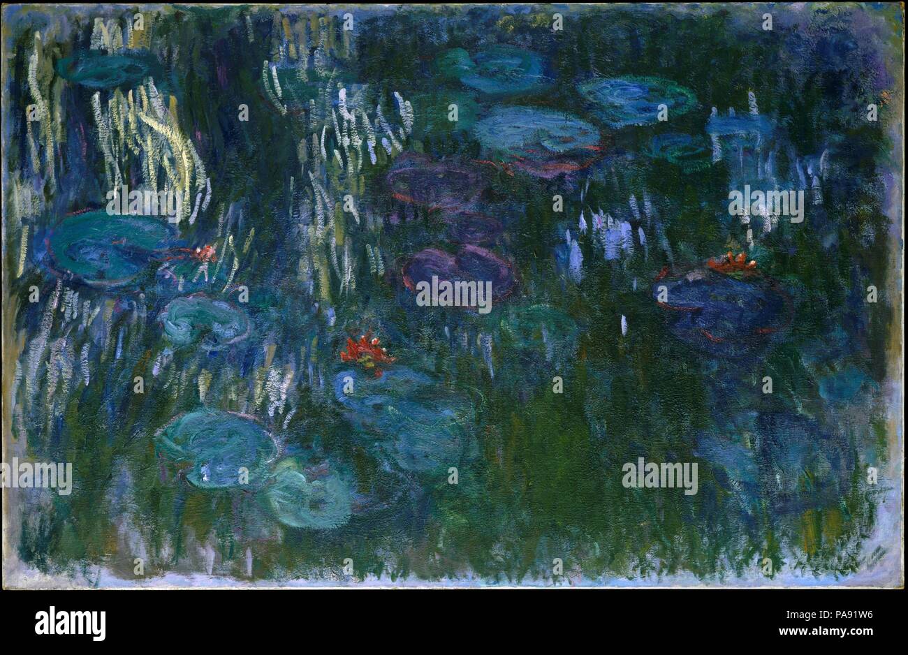 Seerosen. Künstler: Claude Monet (Französisch, Paris 1840-1926 Giverny). Abmessungen: 51 1/4 x 79 in. (130.2 x 200.7 cm). Datum: 1916-19. Als Teil seiner umfangreichen Gartenarbeit Pläne in Giverny, Monet hatte einen Teich gegraben und bepflanzt mit Lilien in 1893. Von 1899 an war er wiederholt wandte sich an den Themen, die versuchen, Eindruck, jeder Beobachtung und Reflexion der Blumen und Wasser zu erfassen. Zu der Zeit, als er diese Arbeit in den späten Teens begann, Monet hatte eine völlig neue, Flüssigkeit und etwas kühnen Stil der Malerei, in der die Seerosenteich wurde zum Ausgangspunkt für eine fast abstra erreicht Stockfoto