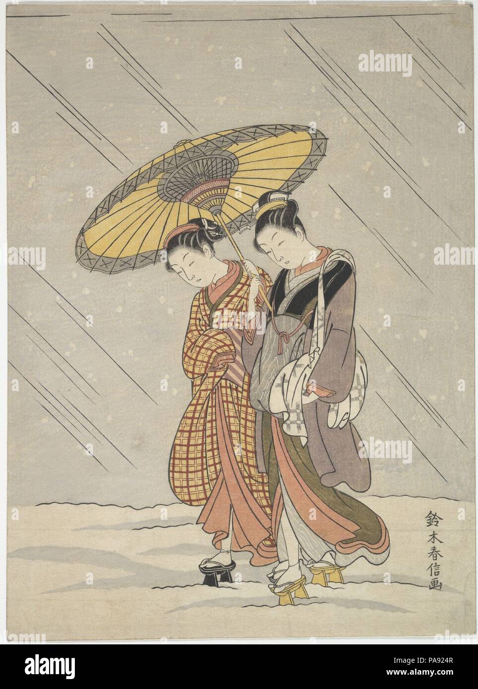 Zwei Frauen in einem Sturm. Artist: Suzuki Harunobu (Japanisch, 1725-1770). Kultur: Japan. Abmessungen: H.10 cm. (26,4 cm); W. 8 1/8 in. (20,6 cm). Datum: 1764-72. Die beiden jungen Frauen in der harunobu Drucken sind auf dem Weg zu einem Badehaus im Regen. Die Frau vor trägt einen Bademantel und ein Handtuch, ein wichtiger Anhaltspunkt, wohin Sie gehen. Harunobu erhöht häufig die erzählerische Qualität seiner Arbeit mit solch einer humorvollen Note. Museum: Metropolitan Museum of Art, New York, USA. Stockfoto