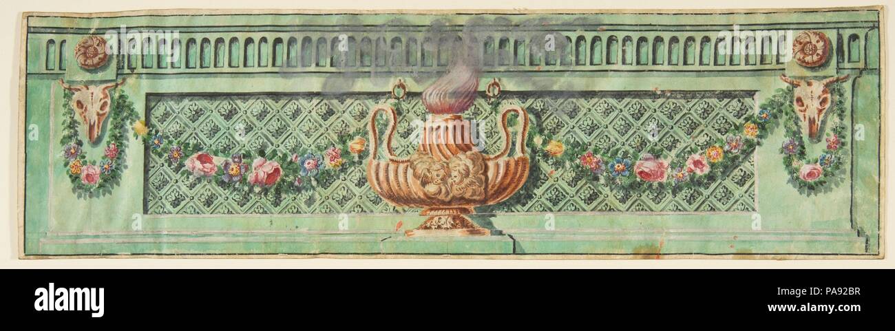 Zierpflanzen Panel mit brennenden Lampe und floralen Girlanden. Künstler: Anonym, Französisch, 19. Maße: Blatt: 4 x 14 in. (10,2 x 35,6 cm). Datum: 19. Museum: Metropolitan Museum of Art, New York, USA. Stockfoto