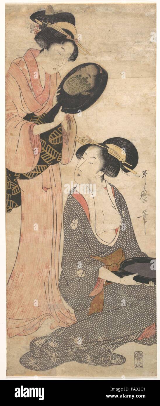 Zwei Damen, die jeweils mit einem Anteil von einem lackierten Spiegel. Artist: Kitagawa Utamaro (Japanisch, Ca. 1754-1806). Kultur: Japan. Abmessungen: H. 18 5/8 in. (47,3 cm); W. 7 5/8 in. (19,4 cm). Datum: 1790s. Utamaro selektiv verwendet Reflektion Erzählung und betonen Themen zu verstärken. In diesem Druckjob, eine stehende Frau hält einen Spiegel auf eine sitzende Frau. Ironischerweise, Utamaro entschieden hat, dass die Überlegungen der ständigen Frau in der lackiert zurück Der Spiegel als die sitzende Frau im Spiegel selbst zu zeigen. Das Bild handelt es sich um eine duale Beziehung: Zwei Frauen halten Sie die Hälften des gleichen Objekts ein, und führen Sie einen Stockfoto