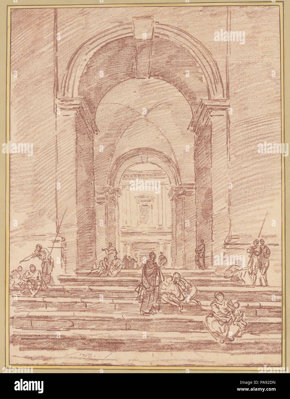 Figuren in einer Römischen Arcade. Artist: Hubert Robert (Französisch, Paris 1733-1808 Paris). Abmessungen: 17 1/2 x 13 1/4 in. (44,5 x 33,6 cm). Datum: 1763. Schon früh in seiner Karriere in Italien, Hubert Robert erstellt architektonischen <i> capricci</i> (Blick Kombination vorhandener Denkmäler in imaginären Kompositionen), in der Art und Weise der italienischen Meister Giovanni Battista Piranesi (1720-1778) und Giovanni Paolo Panini (1691-1765). In dieser Rote Kreide Zeichnung, Hubert Robert verleiht ein Gefühl der beobachteten Realität auf die Darstellung einer erfunden. Der große Umfang der Struktur und die axiale Perspektive framing. Stockfoto