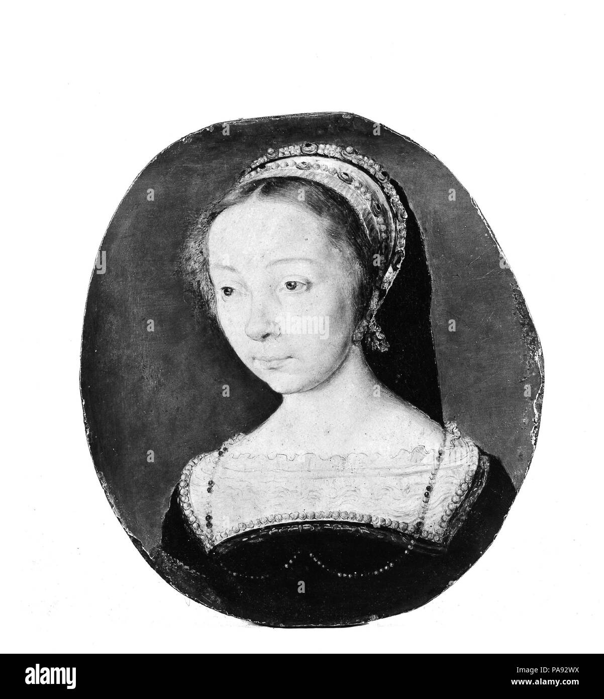 Portrait einer jungen Frau. Artist: zugeschrieben, Corneille de Lyon (Niederländischen, Den Haag, aktiv von 1533 - gestorben 1575 Lyons). Maße: Oval, 5 3/4 x 5 1/8 in. (14,6 x 13 cm). Museum: Metropolitan Museum of Art, New York, USA. Stockfoto