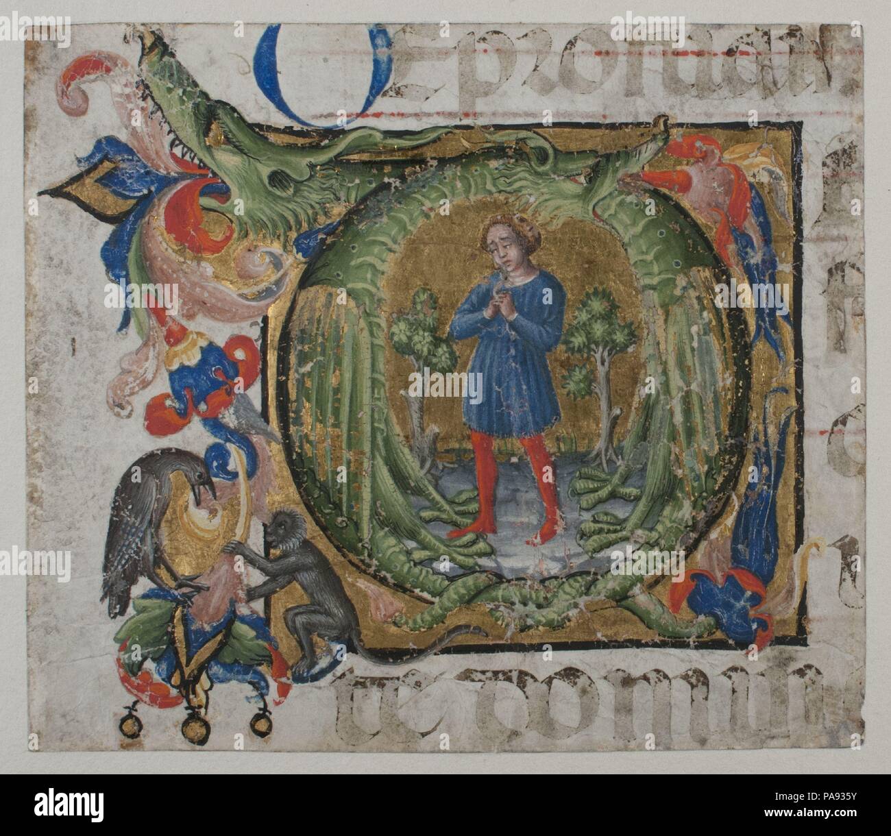 Manuskript Beleuchtung mit Initial Q, von einem Chor buchen. Kultur: Deutsch Italienisch. Abmessungen: 3 7/8 x 4 1/2 in. (9,9 x 11,4 cm) Andere (Beleuchtung): 2 13/16 x 2 7/8 in. (7,2 x 7,3 cm) Matte: 7 x 9 in. (17,8 × 22,9 cm). Datum: Erste Hälfte 15. Jahrhundert. Museum: Metropolitan Museum of Art, New York, USA. Stockfoto
