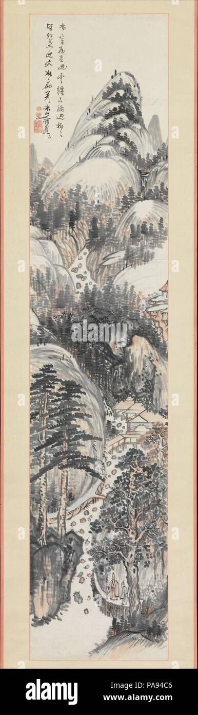 Besuch bei einem Freund im Herbst. Artist: Okada Beisanjin (Japanisch, 1744-1820). Kultur: Japan. Abmessungen: Bild: 53 11/16 x 11 9/16 in. (136,4 x 29,4 cm) Insgesamt: 72 3/4 x 18 3/8 in. (184.8 x 46,7 cm). Das Wasser wirbelt unter der Pfähle des Hauses auf dem Fluss, die Wolken umringen die Berghänge, auf jeder Filiale der roten Blätter des Herbstes, das hölzerne Tor für die Gäste geöffnet. Beisanjin das Gedicht und Malerei aktiv in den späten achtzehnten und frühen neunzehnten Jahrhundert, Beisanjin erstellt temperamentvoll Werke, die einen bunten Beitrag zur späten Phase des Nanga Malerei gemacht. Ein Reis Händler b Stockfoto