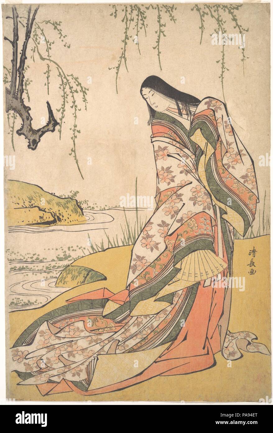 Kanjo: eine Hofdame. Artist: Torii Kiyonaga (Japanisch, 1752-1815). Kultur: Japan. Abmessungen: 15 x 10 in. (38,1 x 25,4 cm). Datum: Ca. 1790. Die kiyonaga Platzierung von Frauen im Außenbereich ebnete den Weg für die Landschaft druckt der nächsten Generation. Hier die weiche Behandlung einer Willow Tree neben einem Bach, erinnert an beide Heian Poesie und chinesische Pinsel malen, dient als Folie für die scharfen, kantigen Linie der Figur. Das Thema ist Ono no Komachi, die Heian Dichterin, die in förmlichen Juni dargestellt - hitoe, oder 12-Schicht Gericht Kostüm. Die unendlich feinen Schattierungen von grün, orange Stockfoto