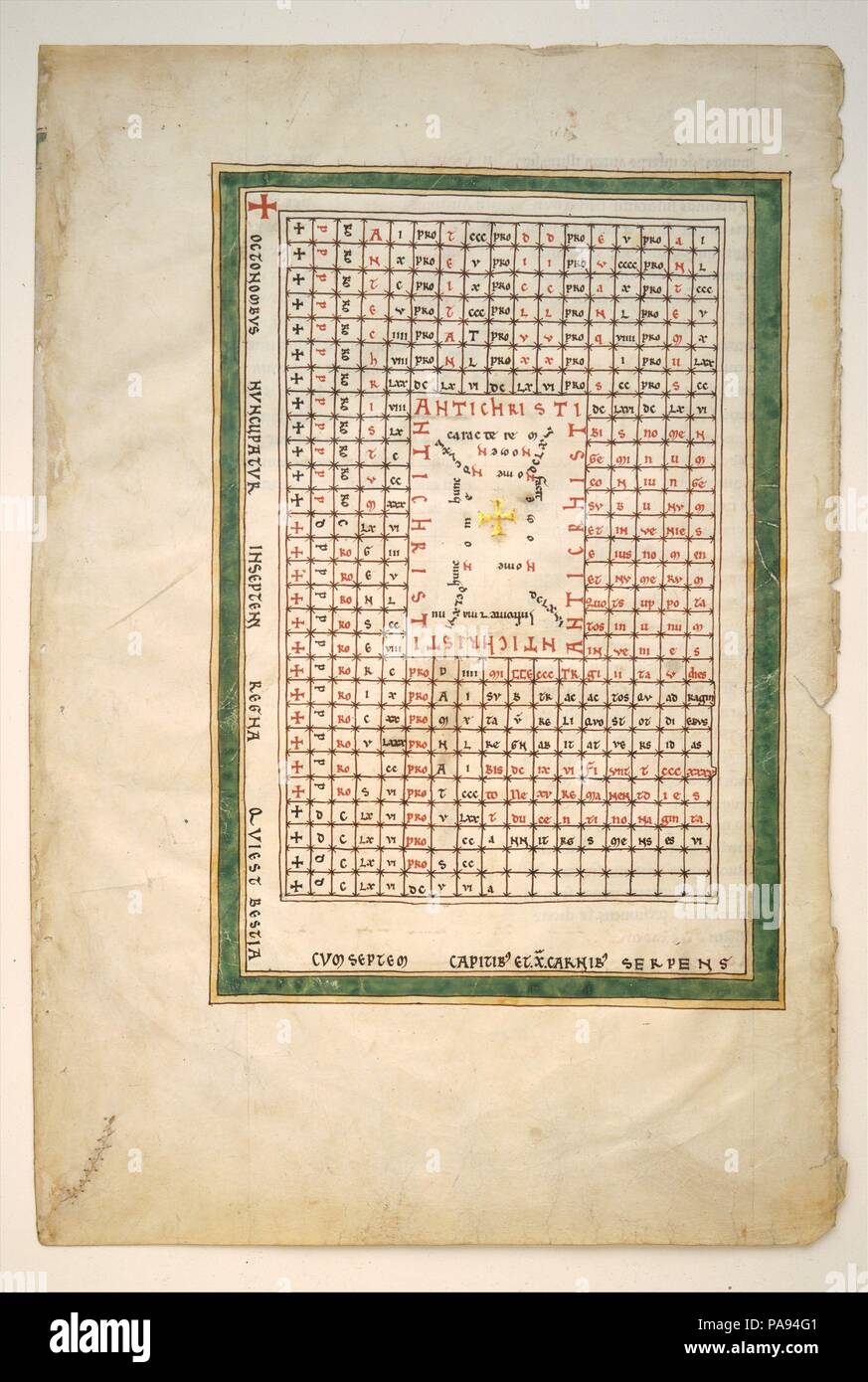 Blatt aus einem Beatus Manuskript: Tabelle der Antichrist. Kultur: Spanisch. Abmessungen: Overall (folio): 17 1/2 x 11 13/16-in. (44,4 x 30 cm) Matte: 22 x 16 in. (55,9 x 40,6 cm). Datum: Ca. 1180. Illustrated Beatus Manuskripte zum Leben erwecken eine aussergewöhnliche Vision vom Ende der Welt, wie der heilige Johannes in der Apokalypse (Offenbarung des Johannes) und durch die Linse des Beatus von Liébana, aus dem achten Jahrhundert asturischen Mönchs gefiltert. Diese Handschriften sind einzigartig, Spanien zu mittelalterlichen und ein Beweis für die allgegenwärtige Kunstfertigkeit und intellektuellen Milieu der monastischen Kultur gibt. Das Blatt hier kom Stockfoto