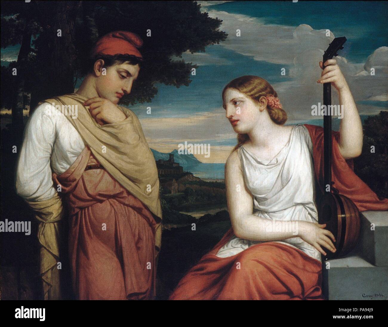 Die griechischen Liebhaber. Artist: Henry Peters Grau (American, New York 1819-1877 New York). Abmessungen: 40 1/4 x 51 1/2 in. (102.2 x 130.8 cm). Datum: 1846. Grau lackiert' der Griechischen Liebhaber' nach einer Reise nach Italien, wo, wie durch den Stil und die Palette dieser Malerei bewiesen, dass er von der Kunst der italienischen Renaissance beeinflusst wurde. Dieses Gemälde war hoch in seinen Tag angesehen, und das Thema spiegelt die Faszination des neunzehnten Jahrhunderts mit der griechisch-römischen Antike. Museum: Metropolitan Museum of Art, New York, USA. Stockfoto