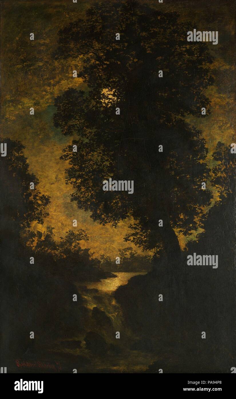 Ein Wasserfall, Moonlight. Artist: Ralph Albert Blakelock (1847-1919). Abmessungen: 56 1/4 x 35 3/4 in. (142,9 x 90,8 cm). Datum: durch 1886. Dieses Gemälde war der Nationalen Akademie für Design Ausstellung 1886 gezeigt und ist ein schönes Beispiel für Reifen Blakelock's malerei Stil. Obwohl es mit Elementen, die typisch für den Stil des Künstlers sind - generalisierte und Silhouette Formen, leuchtende Mondlicht, und dicke Farbe - es besonders stark ist und subtile im Vergleich. Das Laub, die Rahmen der Rand der Leinwand hallt die unregelmäßige Konturen der Baum so sehr, dass die Formen scheinen fast zu int Stockfoto
