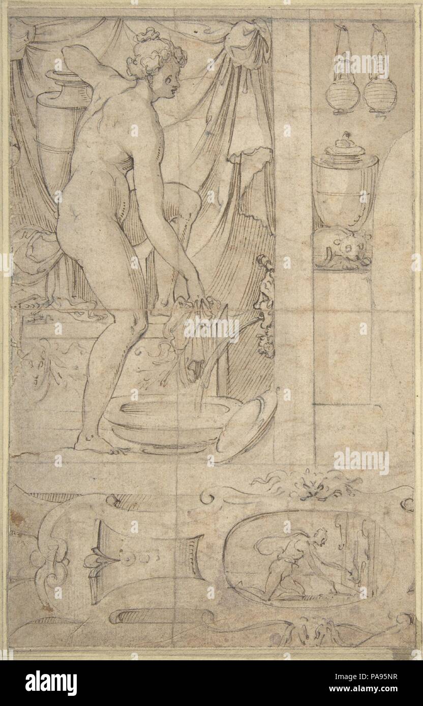 Venus Baden. Künstler: Anonym, Französisch, Schule von Fontainebleau, 16. Abmessungen: 8 7/8 x 5 5/8 in. (22,5 x 14,3 cm). Datum: 16. Museum: Metropolitan Museum of Art, New York, USA. Stockfoto