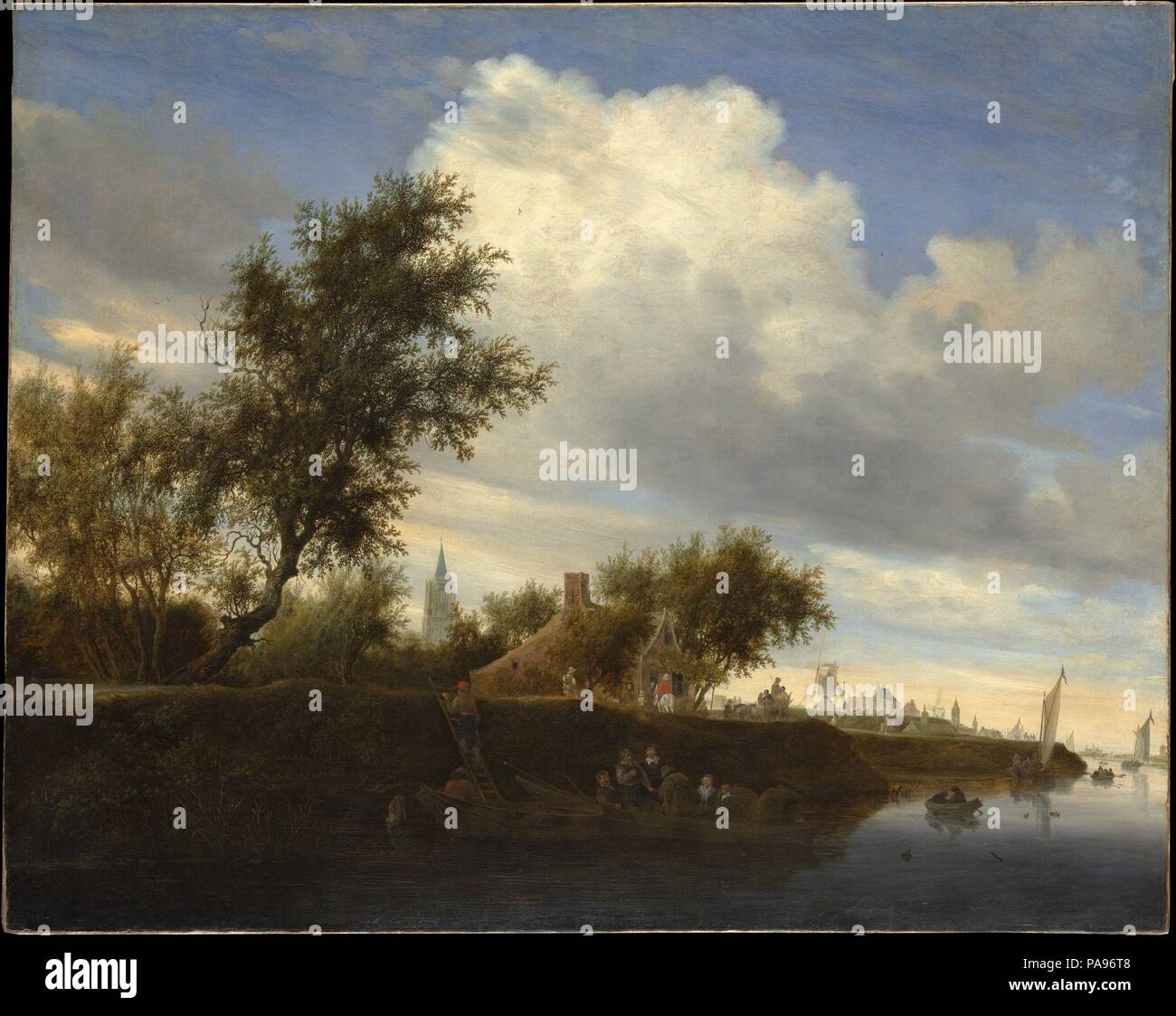 Fähre in der Nähe von Gorinchem. Künstler: Salomon van Ruysdael (Naarden, Niederlande, geboren. 1600-1603, gestorben 1670 in Haarlem). Abmessungen: 41 7/8 x 52 1/2 in. (106.4 x 133.4 cm). Datum: 1646. Ruysdael hat einen guten Ruf für die Erfindung von Topographie, aber diese Leinwand zeigt eine weitgehend treu Ansicht von Gorinchem (Gorcum) aus dem Süden. Der Standpunkt der Künstler wurde auf einer Landzunge namens Buiten de Waterpoort, entlang des Flusses de Merwede. Die 197-Fuß-Turm der Großen Kirche ist durch die Bäume gesehen, während eine Windmühle, die Stadtmauer, und erkennbare Gebäude in der rechten Hintergrund gerückt. Reisende in einem Gasthaus und in einen Fisch Stockfoto