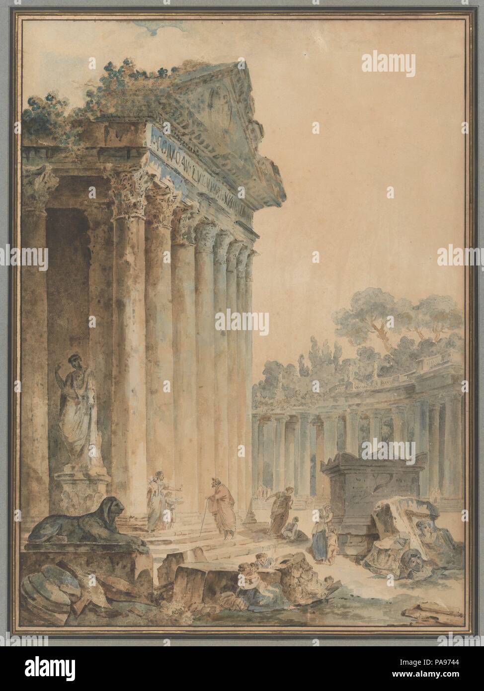 Capriccio mit einem alten Tempel. Artist: Hubert Robert (Französisch, Paris 1733-1808 Paris). Maße: Blatt: 22 1/4 x 16 1/4 in. (56,4 x 41,3 cm). Datum: Ca. 1756. Museum: Metropolitan Museum of Art, New York, USA. Stockfoto