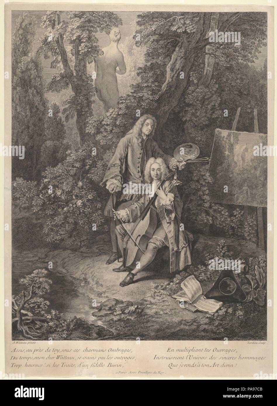 Portrait von Julienne und Watteau im Garten spielen Violincello. Artist: Nach Antoine Watteau (Französisch, Valenciennes 1684-1721 Nogent-sur-Marne); Nicolas Henry Tardieu (Französisch, Paris 1674-1749 Paris). Maße: Blatt: 16 15/16 x 12 1/4 in. (43 × 31,1 cm). Datum: 1731. Museum: Metropolitan Museum of Art, New York, USA. Stockfoto