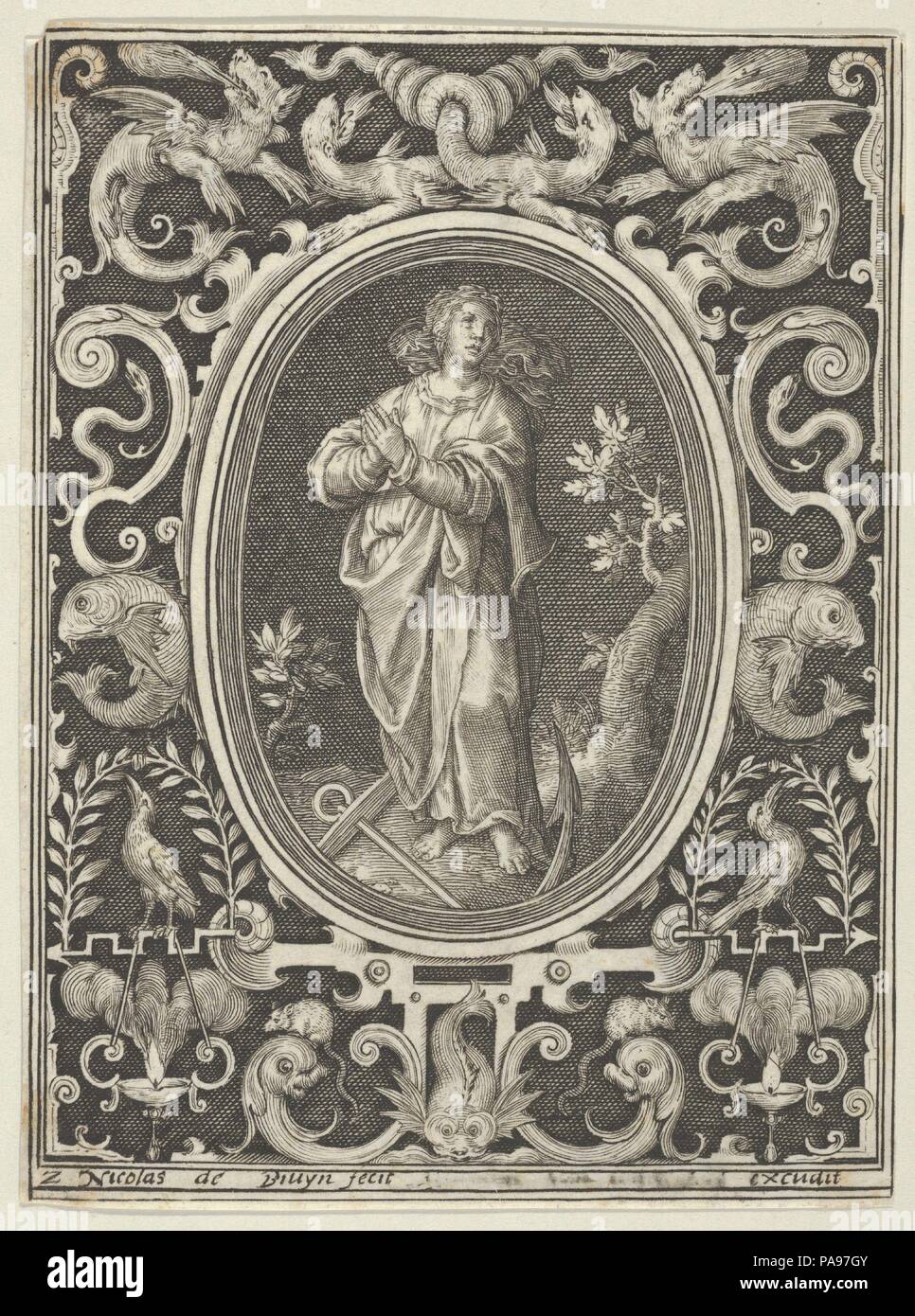 Die Hoffnung, von den Kardinaltugenden. Artist: Nicolaes de Bruyn (Niederländischen, Antwerpen, Rotterdam 1571-1656). Maße: Blatt: 4 5/16 x 3 1/4 in. (11 × 8,2 cm). Herausgeber: Frederick de Wit (Niederländisch, 1629/30-1706). Serie/Portfolio: Kardinaltugenden. Datum: 1648-56. Eine weibliche Figur hoffen, beten mit einer vor ihr und einem Baum an hinter ihr Anker rechts dargestellt ist, in einem Oval umrahmt. In der Umgebung des ovalen, ornament Design mit einem Fisch auf der linken und rechten Seite und vier Drachen oben. Aus einer Reihe von vier Platten. Museum: Metropolitan Museum of Art, New York, USA. Stockfoto