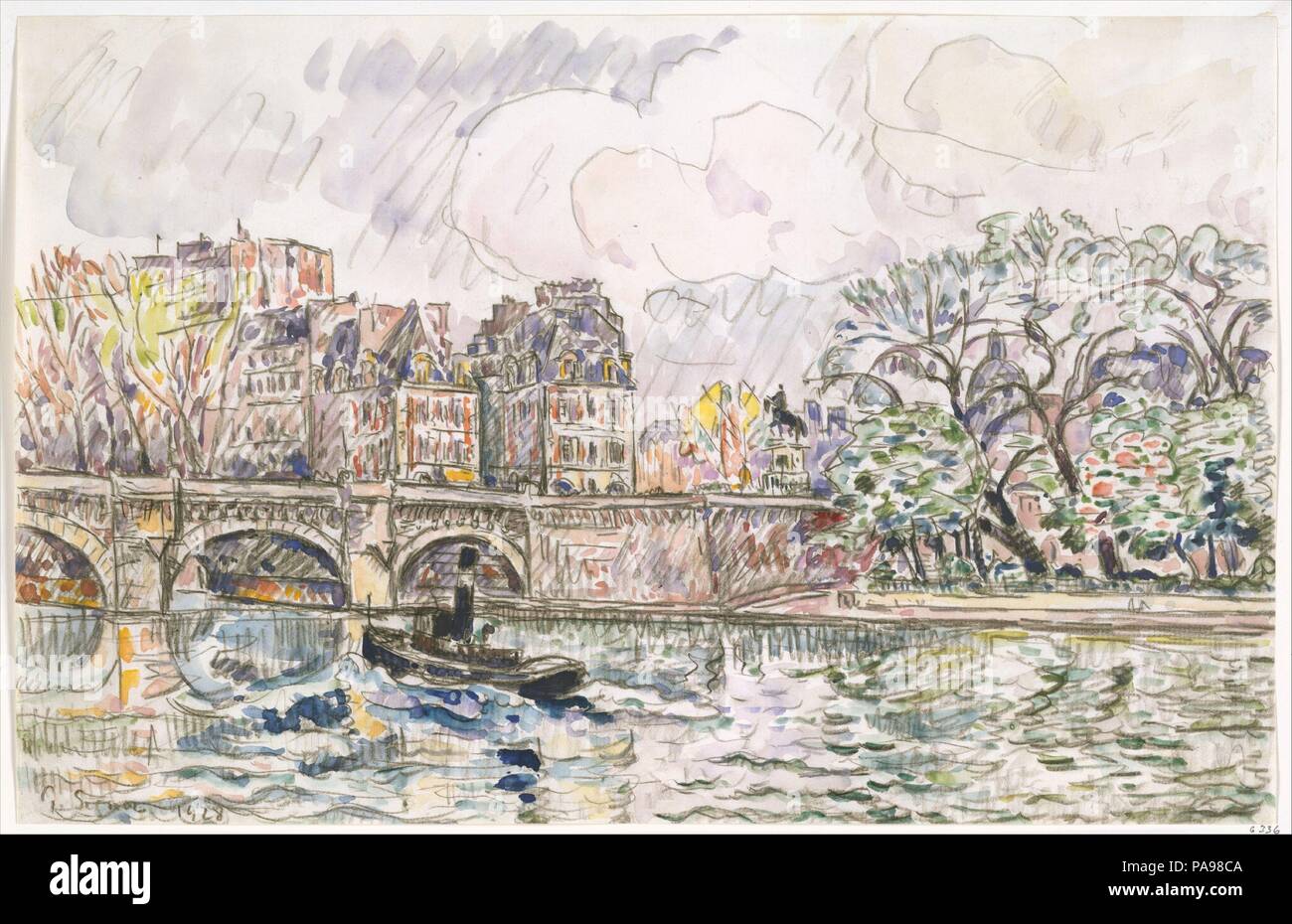 Paris: Le Place Dauphine. Artist: Paul Signac (Französisch, Paris 1863-1935 Paris). Abmessungen: 10 15/16 x 17 in. (27,8 x 43,2 cm). Datum: 1928. Museum: Metropolitan Museum of Art, New York, USA. Stockfoto