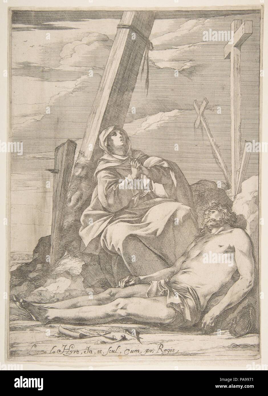 Christus und die Jungfrau Maria am Fuß des Kreuzes. Artist: Laurent de La Hyre (Französisch, Paris 1606-1656 Paris). Maße: Blatt: 11 3/4 x 8 7/16 in. (29,8 x 21,5 cm). Museum: Metropolitan Museum of Art, New York, USA. Stockfoto