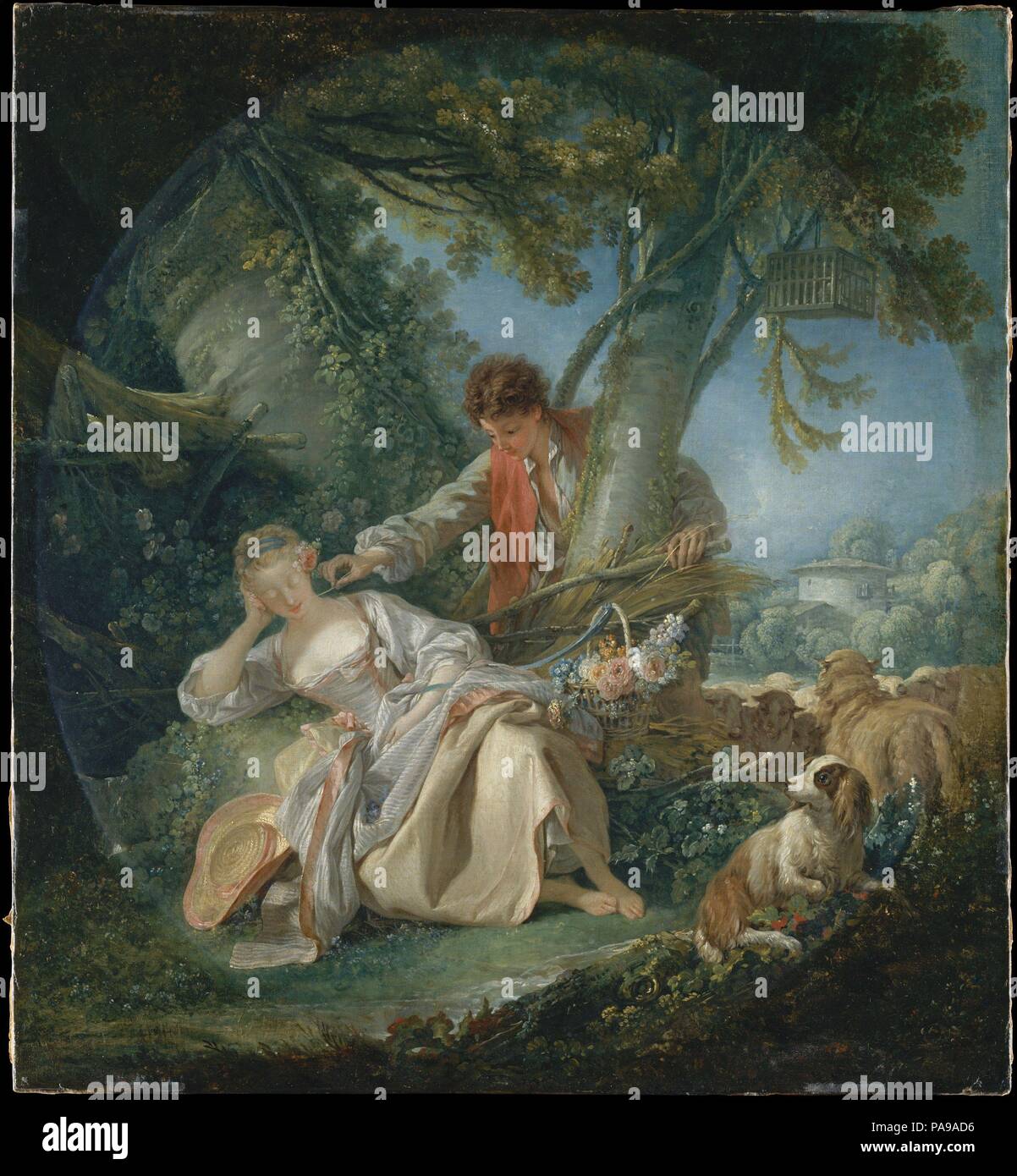 Den unterbrochenen Schlaf. Künstler: François Boucher (Französisch, Paris 1703-1770 Paris). Abmessungen: Insgesamt 32 1/4 x 29 5/8 in. (81,9 x 75,2 cm); Oberfläche lackiert (unregelmäßige ovale) 31 x 27 cm. (78,7 x 70,5 cm). Datum: 1750. Boucher war ein Künstler von unvergleichlicher Virtuosität und der Industrie mit einer Vorliebe für mythologische und pastorale Themen. Hier zeigt er ein schön gekleidet Schäfer und Schäferin. Die Einfachheit des Themas täuscht über die Komplexität der Komposition, die auf einer Reihe von sich kreuzenden Diagonalen organisiert ist. Die Leinwand, bewunderte im Salon von 1753, war einer der beiden Stockfoto