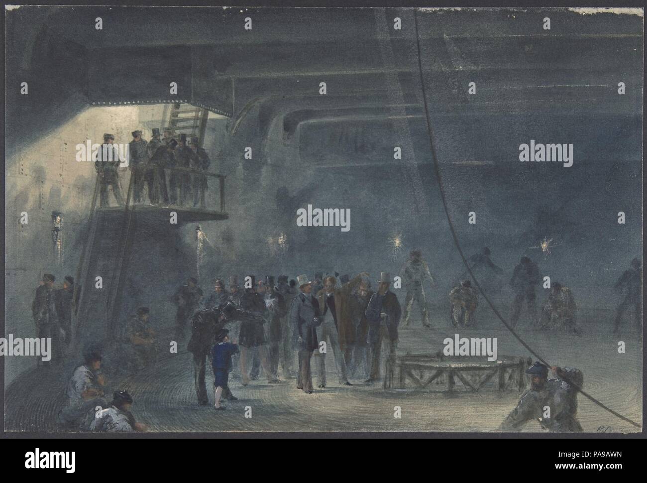 Wickeln Sie das Kabel in die Nach-tank an Bord der Großen Östlichen in Sheerness: Besuch der Seine Königliche Hoheit, der Prinz von Wales am 23. Mai 1865. Artist: Robert Charles Dudley (British, 1826-1909). Maße: Blatt: 6 11/16 in. × 10 in. (17 × 25,4 cm). Datum: 1865-66. Eine der großen technischen Errungenschaften des 19. Jahrhunderts war eine telegrafische Kabel unter dem Atlantik zu legen, so dass Nachrichten hin und her zwischen Nordamerika und Europa in Minuten zu beschleunigen, anstatt zehn oder zwölf Tagen durch die Dampfeinheit ein. Ein zunächst erfolgreicher Versuch im Jahre 1858, von Cyrus W. Feld geführt und von der Atlantic Telegraph finanziert Stockfoto