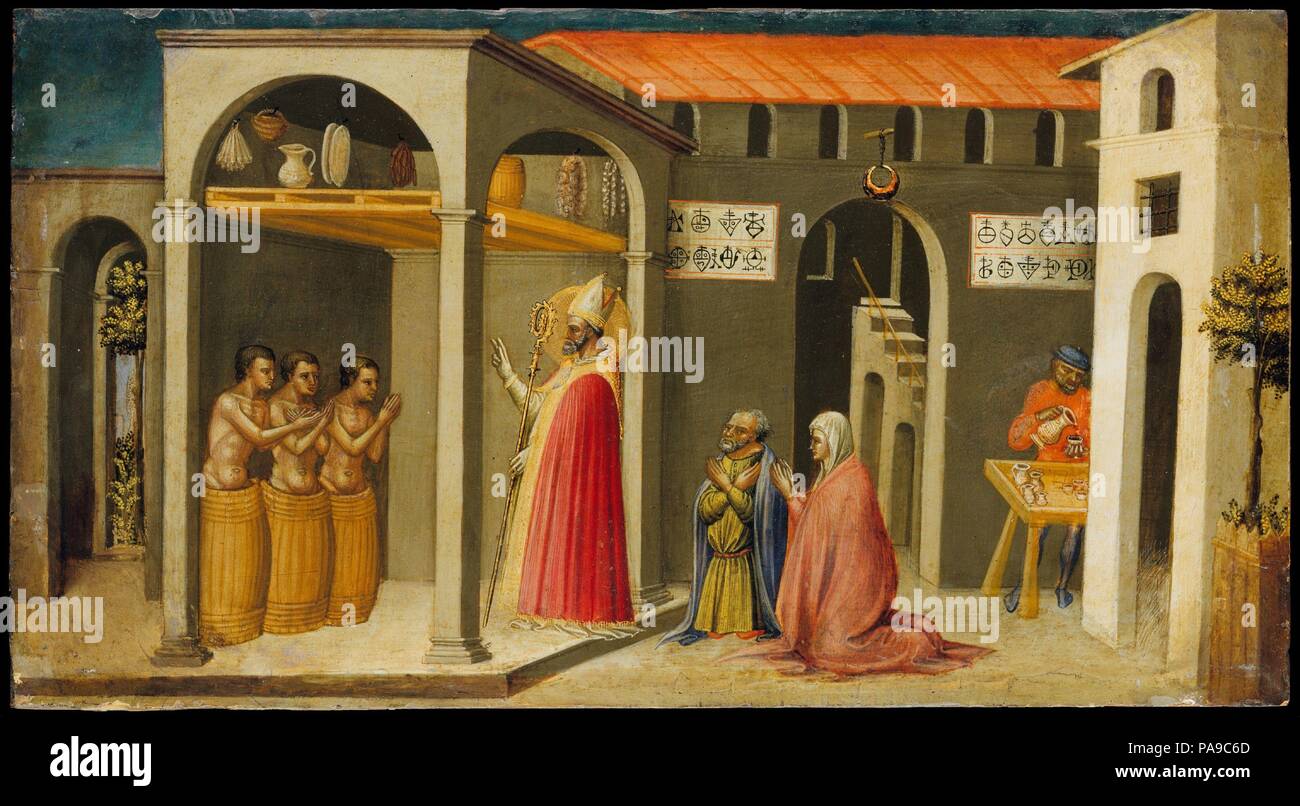 Saint Nicholas Wiederbelebung drei Jugendliche. Artist:24 di Lorenzo (Italien, Florenz 1373-1452 Florenz). Abmessungen: 12 x 22 cm. (30,5 x 56,5 cm). Datum: 1433-35. In der Anfangsszene, Sankt Nikolaus, Bischof von Myra (270-343) - die Vorlage 'Saint Nick'-- angezeigt wird, werfen die drei Kugeln von Gold durch ein Fenster, die Mitgift der drei armen Mädchen. In den anderen Malerei er resuscitates drei Jugendlichen, die von einem Gastwirt gebeizt worden waren während einer Hungersnot (eine Geschichte von Benjamin Britten in seiner Kantate 1948 behandelt, <i>Sankt Nikolaus</i>). Die Panels bildeten die Basis (predella) eines a Stockfoto