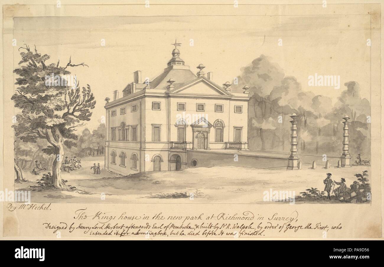 Blick von der Einfahrt vor dem Kings House, Richmond, Surrey. Architekt: Henry Herbert, 9. Earl of Pembroke (Britisch, Ca. 1689/93-1751). Artist: Augustus Heckel (Deutsch (Großbritannien), Augsburg 1690-1770 Richmond). Maße: Blatt: 7 5/16 x 11 13/16-in. (18,5 x 30 cm). Datum: nach 1727. Museum: Metropolitan Museum of Art, New York, USA. Stockfoto