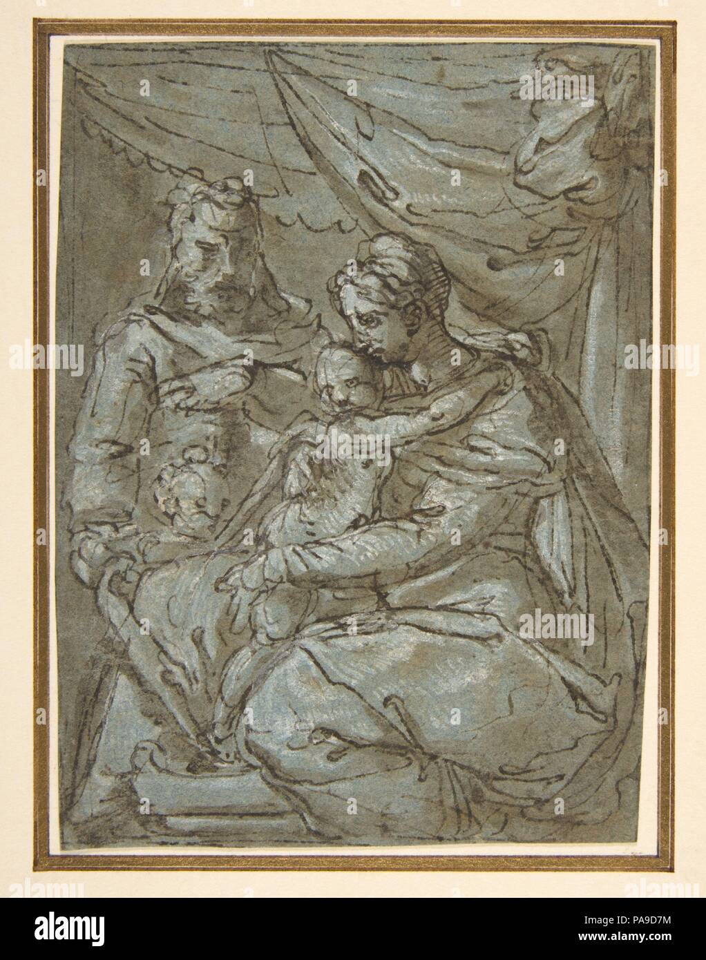 Die Heilige Familie mit dem Säugling Täufer. Artist: zugeschrieben, Girolamo Siciolante da Sermoneta (Italienisch, Sermoneta 1521-1575 Rom). Abmessungen: 5 11/16 x 4 3/16 in. (14,4 x 10,6 cm). Datum: 1521-75. Museum: Metropolitan Museum of Art, New York, USA. Stockfoto