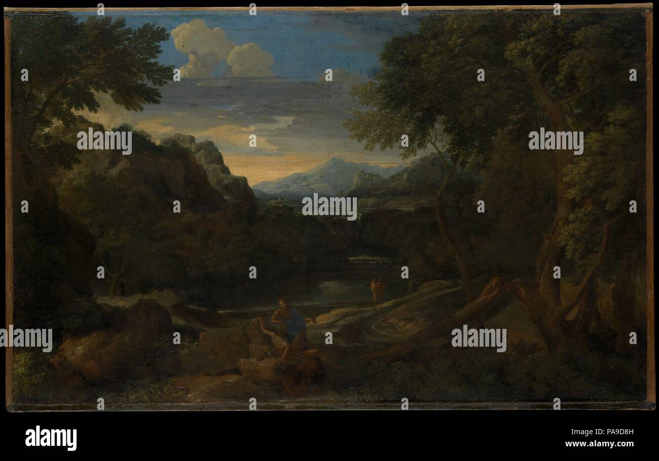 Imaginary Landscape. Artist: Gaspard Dughet (Französisch, Rom 1615-1675 Rom). Abmessungen: 37 7/8 x 60 1/2 in. (96,2 x 153,7 cm). Gaspard Dughet wurde Poussin's Brother-in-law. Er lernte von ihm zu malen, und war auch später, verwirrend, als 'Gaspard Poussin bekannt." Seine Landschaften sind in der Regel wilder Versionen der klassischen Poussin der Visionen, in Temperament näher an die Gemälde von Salvator Rosa, mit Felsvorsprüngen und gesprengt. Museum: Metropolitan Museum of Art, New York, USA. Stockfoto