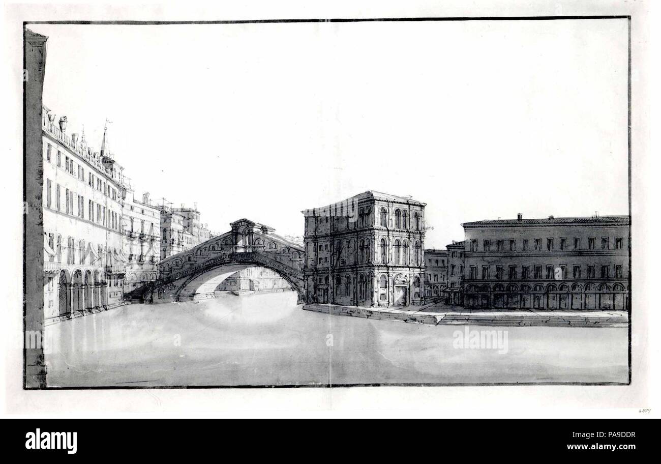 Den Grand Canal und die Rialto Brücke, aus dem Norden. Künstler: Bernardo Bellotto (Italienisch, Venedig Warschau 1722-1780). Abmessungen: 10 x 16 1/16 15/16 in. (25,5 x 43 cm). Datum: Ca. 1736-37. Museum: Metropolitan Museum of Art, New York, USA. Stockfoto