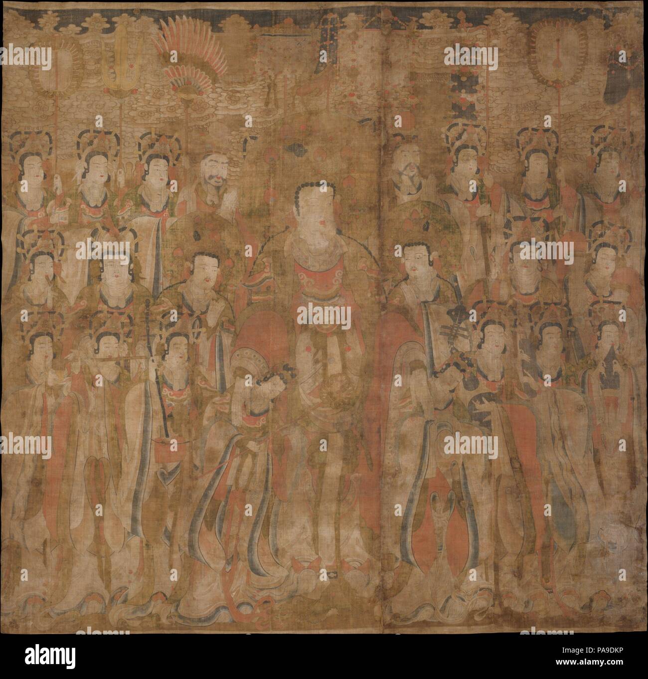 Brahma mit Begleitern und Musiker. Artist: Unbekannter Künstler. Kultur: Korea. Abmessungen: Bild: 85 x 87 in. (215,9 × 221 cm) Insgesamt mit Befestigung: 132 × 97 in. (335,3 × 246,4 cm) Insgesamt mit drehknöpfen: 132 × 101 cm. (335,3 × 258,4 cm). Datum: Ende des 16. Jahrhunderts. Ursprünglich ein Hindu Gottheit Brahma (Koreanisch: Beomcheon) wurde in den Buddhistischen Pantheon aufgenommen und zusammen mit den hinduistischen Gott Indra (Koreanisch: Jeseok), wurde der Beschützer der buddhistischen Lehren. Die Brahma war der Himmel als Ort der Freude mit Animateuren und Musikern gefüllt interpretiert. In dieser Arbeit, geschmeidige Figuren spielen Stockfoto