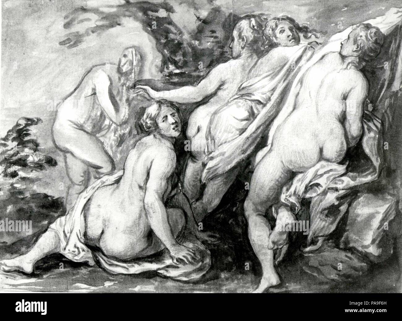 Nymphen überrascht. Artist: Schule von Jacob Jordaens (Flandern, Antwerpen Antwerpen 1593-1678). Abmessungen: 7 15/16 x 10 11/16 in. (20,2 x 27,2 cm). Datum: Ca. 1640. Museum: Metropolitan Museum of Art, New York, USA. Stockfoto