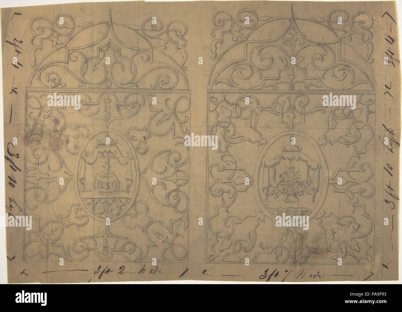 Ornament Designs auf zwei Platten, die Zentrale Kartuschen verziert mit Zelten. Artist: Richardson Ellson & Co (Britisch). Maße: Blatt: 9 1/2 x 6 11/16 in. (24,2 x 17 cm). Datum: Ca. 1880. Museum: Metropolitan Museum of Art, New York, USA. Stockfoto