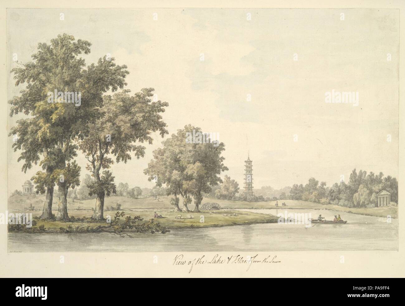 Blick auf den See und die Insel aus dem Rasen in Kew. Architekt: Sir William Chambers (British (Schweden) geboren, Göteborg, London, 1723-1796). Künstler: William Marlow (Briten, Southwark, London 1740/41 -1813 Twickenham, London). Maße: Blatt: 11 3/16 x 17 13/16-in. (28,4 x 45,2 cm). Datum: 1763. Diese zarte Aquarell zeigt ein Blick in den Königlichen Botanischen Garten von Kew (in der Nähe von London), entworfen von dem gefeierten achtzehnten Jahrhundert englischen Architekten William Chambers. Dieses Blatt wird in einem Album mit den ursprünglichen Zeichnungen später in gedruckter Form als Pläne, Ansichten, Schnitte und Pe veröffentlicht gebunden Stockfoto