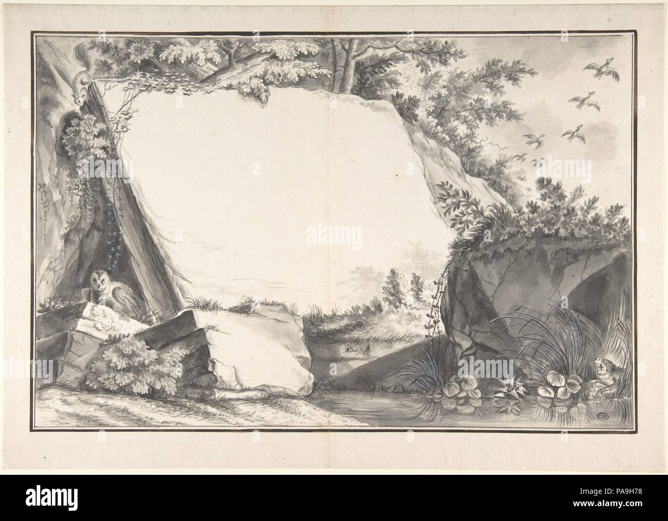 Design für eine Titelseite (?): Felsen und Tiere. Artist: Joseph Martin Nideröst (Schweiz, Schwyz 1778-1801 Augsburg). Abmessungen: Bild: 10 7/16 x 15 15/16 in. (26,5 x 40,5 cm) Blatt: 12 3/8 x 17 5/8 in. (31,5 x 44,7 cm). Datum: Ende des 18. Jahrhunderts. Museum: Metropolitan Museum of Art, New York, USA. Stockfoto