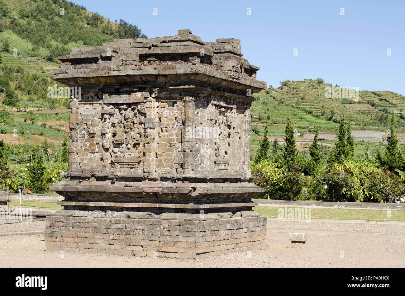 Alte hindu-buddhistischen Tempel in Stein gemeißelten Dieng Plateau Ausgrabungsstätte, in Java, Indonesien Stockfoto