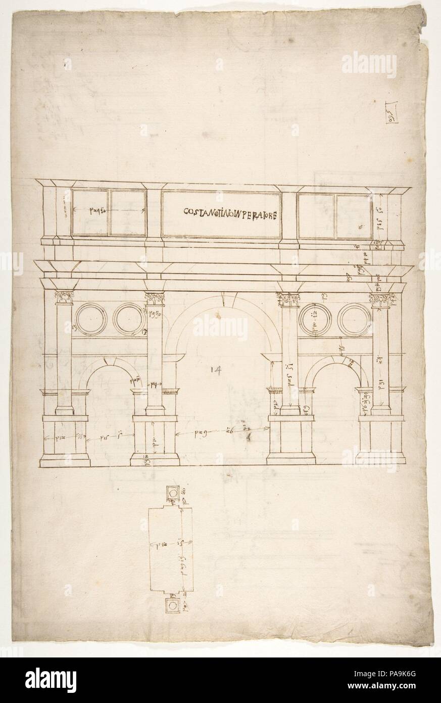 Triumphbogen des Konstantin, Elev, partielle Plan (recto) Triumphbogen des Konstantin, Profile der Base, Welle und Gebälk (verso). Maße: Blatt: 17 5/16 x 11 9/16 in. (44 x 29,3 cm). Verfasser der Stellungnahme: Gezeichnet von Anonym, Französisch, 16. Serie/Portfolio: Goldschmidt Scrapbook. Datum: Ca. 1540-60. Museum: Metropolitan Museum of Art, New York, USA. Stockfoto