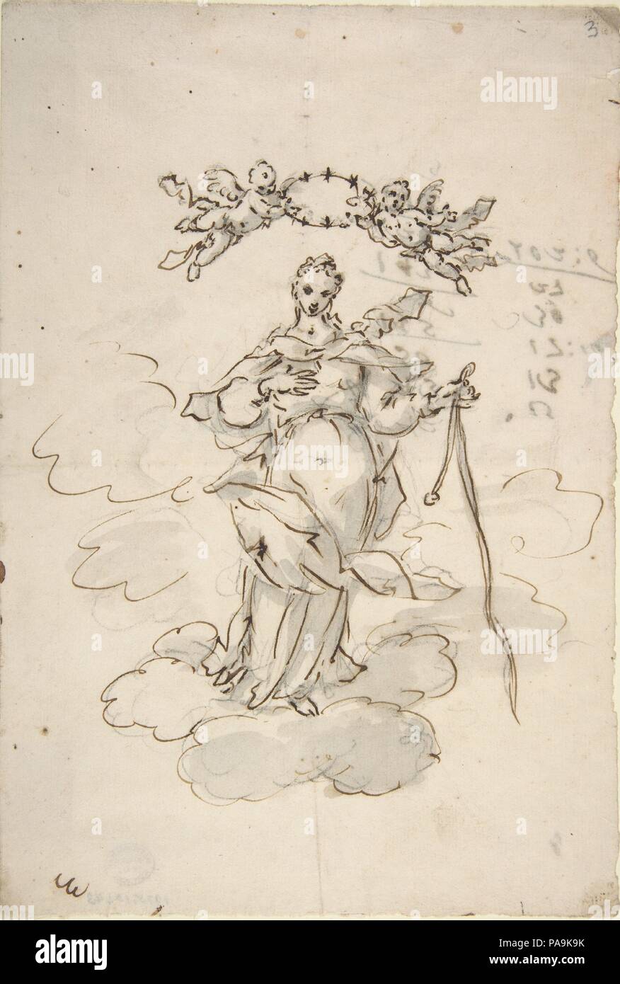 Jungfrau stehen auf Wolken mit einem skapulier in der linken Hand. Artist: zugeschrieben, Giovanni Antonio Pellegrini (Italien, Venedig Venedig 1675-1741). Abmessungen: 9 3/8 x 6 5/16 in. (23,8 x 16,1 cm). Datum: 1675-1741. Museum: Metropolitan Museum of Art, New York, USA. Stockfoto