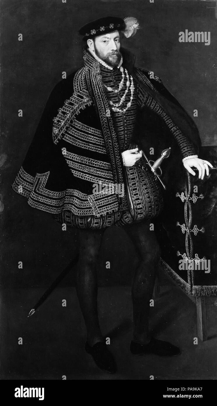 Porträt eines Mannes, vielleicht Ottavio Farnese (1524-1586), Herzog von Parma und Piacenza. Artist: Anthonis Mor van Dashorst (Niederländischen, 1519-1575). Abmessungen: 82 1/4 x 46 3/4 in. (208.9 x 118.7 cm). Datum: 1563. Museum: Metropolitan Museum of Art, New York, USA. Stockfoto