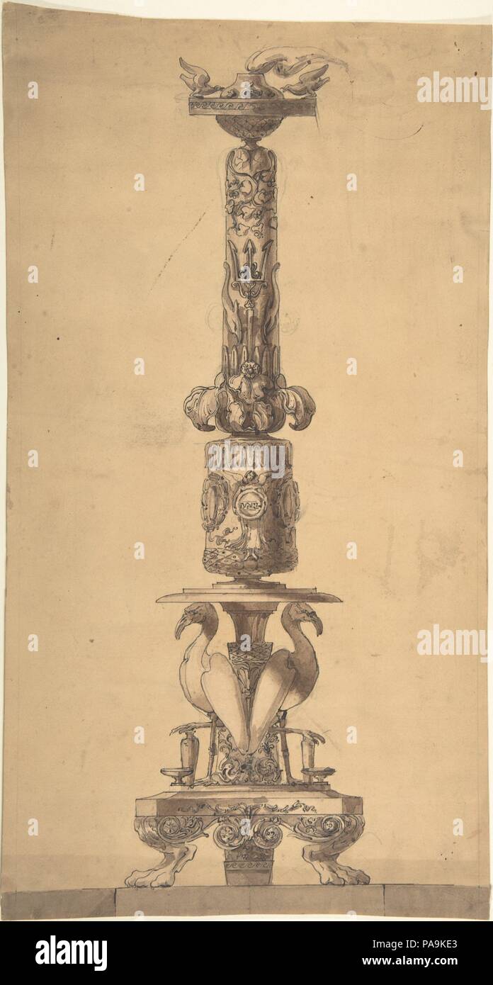 Design für ein armleuchter. Artist: Edgar George Papworth Sr. (Briten, London 1809-1866 London). Maße: Blatt: 17 1/2 x 9 3/4 in. (44,5 x 24,8 cm). Datum: Ca. 1826-37. Edgar George Papworth Sr wurde in eine Familie von notiert Stuck Künstler geboren. Er selbst ausgebildeten Bildhauer zu werden, obwohl er nie in seinem Gewerbe scheint sehr erfolgreich zu werden. Dieses Design für einen armleuchter Wahrscheinlich stammt aus seine prägenden Jahre entweder während seiner Zeit in ein Studium an der Königlichen Akademie (1827-1834) oder in den folgenden Jahren verbrachte er in Italien auf ein Stipendium vom selben Institut gewährt. Das desi Stockfoto