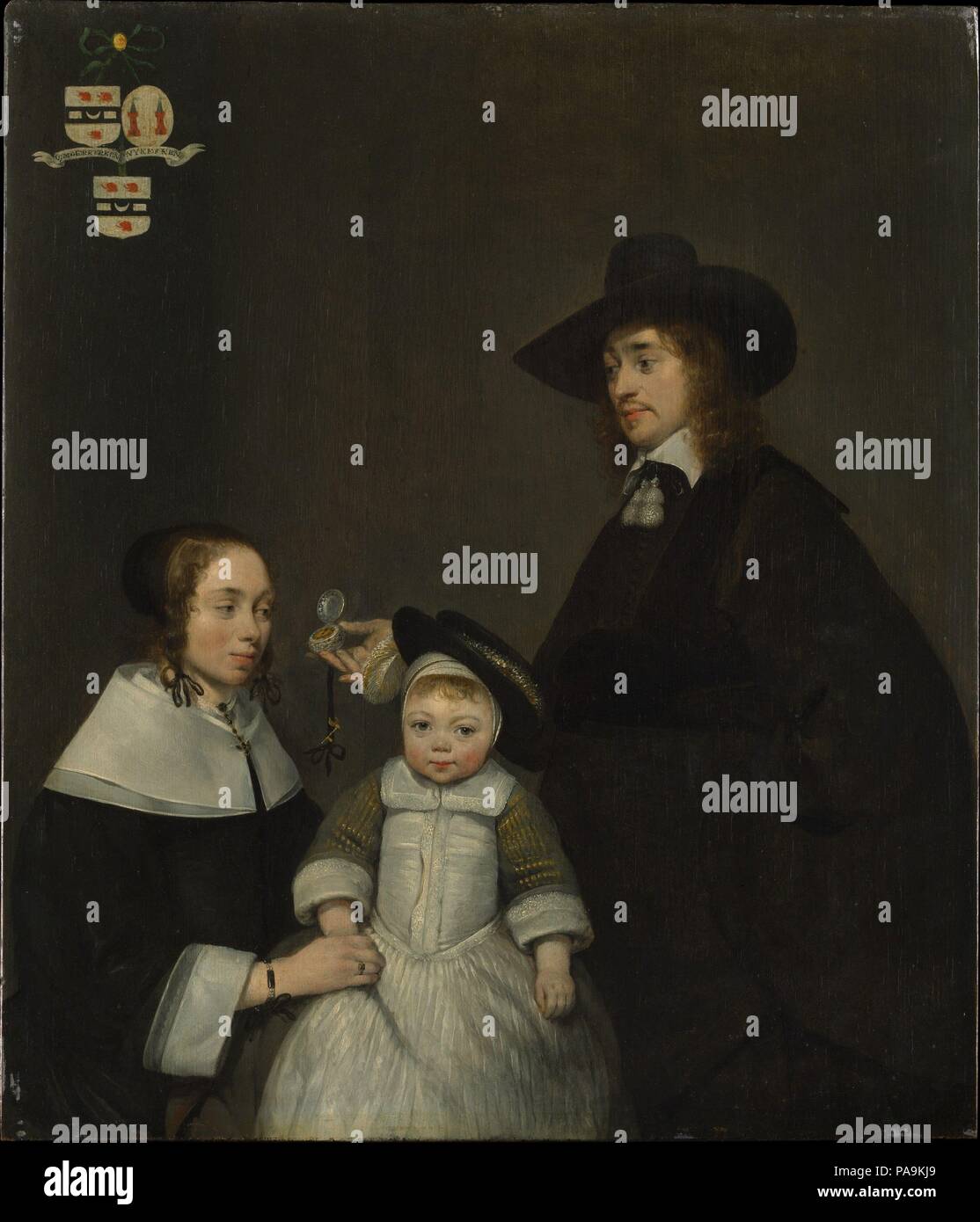 Die Van Moerkerken Familie. Artist: Gerard Ter Borch der Jüngere (Niederländisch, Zwolle, Deventer 1617-1681). Abmessungen: 16 1/4 x 14 in. (41,3 x 35,6 cm). Datum: Ca. 1653-54. Dieses charmante Family Portrait stellt den Maler cousin Hartogh van Moerkerken (1622-1694), seiner ersten Frau, Sibilla Nijkerken (1625-1665), und ihr Sohn Philippus (1652-1688). Die Frau ist unkonventionell zu Recht ihres Mannes gelegt, eine Position, die der Ehre wahrscheinlich verdient, indem Sie die Familie mit einem männlichen Erben (wie durch das Familienwappen betont). Die Uhr, normalerweise bedeutet Mäßigung oder Mortalität, kann in diesem Zusammenhang Stockfoto