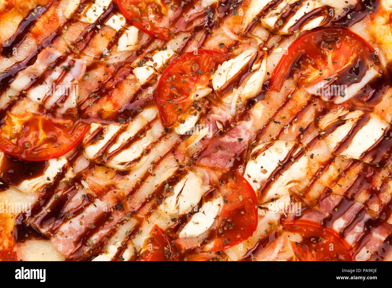 In der Nähe des Grill BBQ Chicken Pizza, pizza Textur Stockfoto
