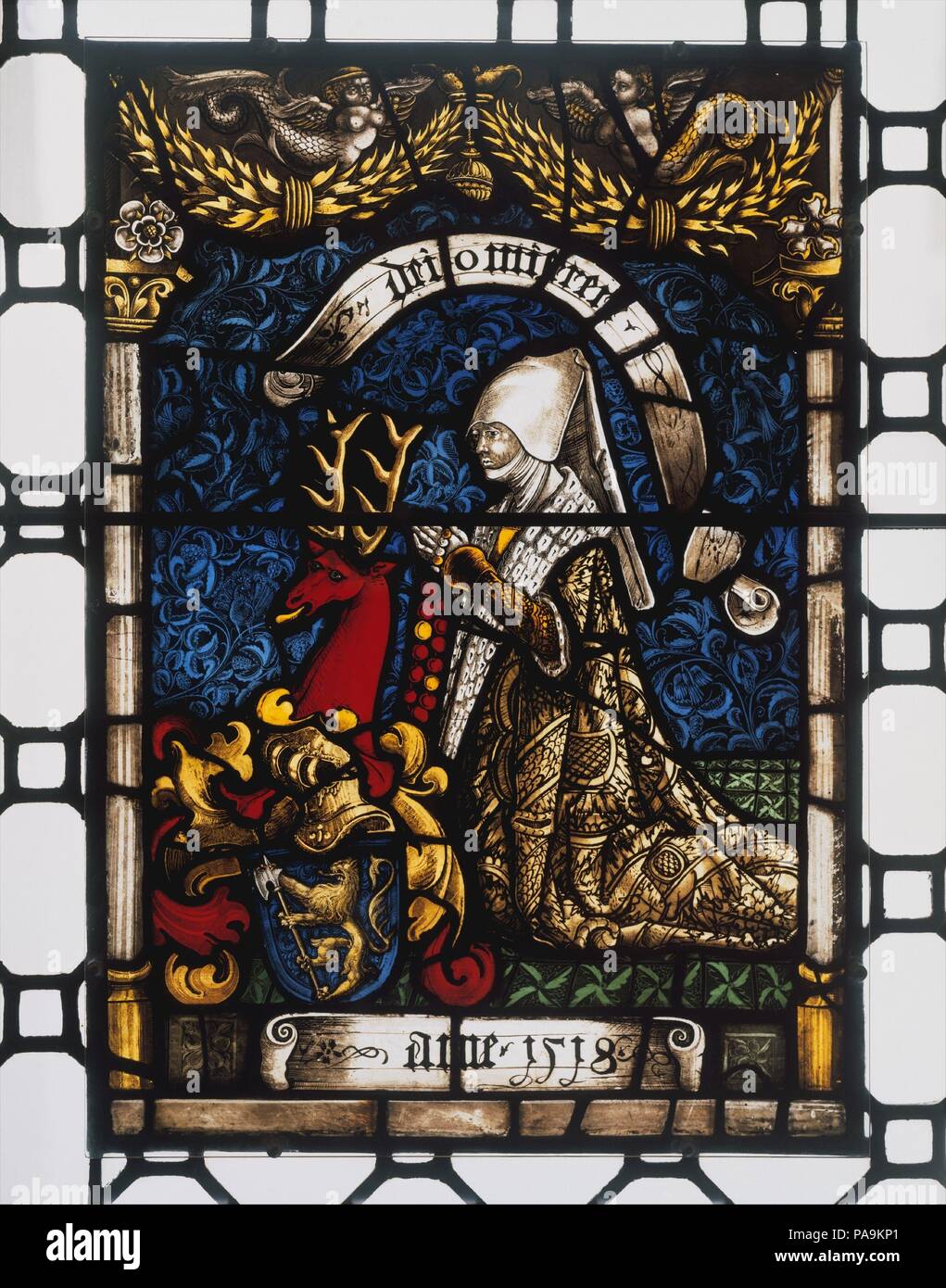 Heraldische Panel von Barbara von Zimmern. Kultur: Deutsch. Maße: Gesamt: 24 x 16 cm. (61 x 41,9 cm). Datum: 1518. Dieses Panel, zusammen mit seinen paar, Kto-nr. 30.113.6, die Ehe wurde im Jahr 1518 von Barbara von Zimmern und Wilhelm von Weitingen, die beide gut zu begehen - etablierte schwäbischen Familien. Diese Arbeiten stellen die letzten Ausdruck der nahen Rheinischen Stil des späten 15. Jahrhundert, die durch eine Kraft und painterliness erinnert an Tafelmalerei geprägt. Die Inschrift auf den Banner oben Barbara können übersetzt werden: 'Gott der Barmherzigkeit", das auf den Banner oben Wilhelm lautet: 'Mot Stockfoto