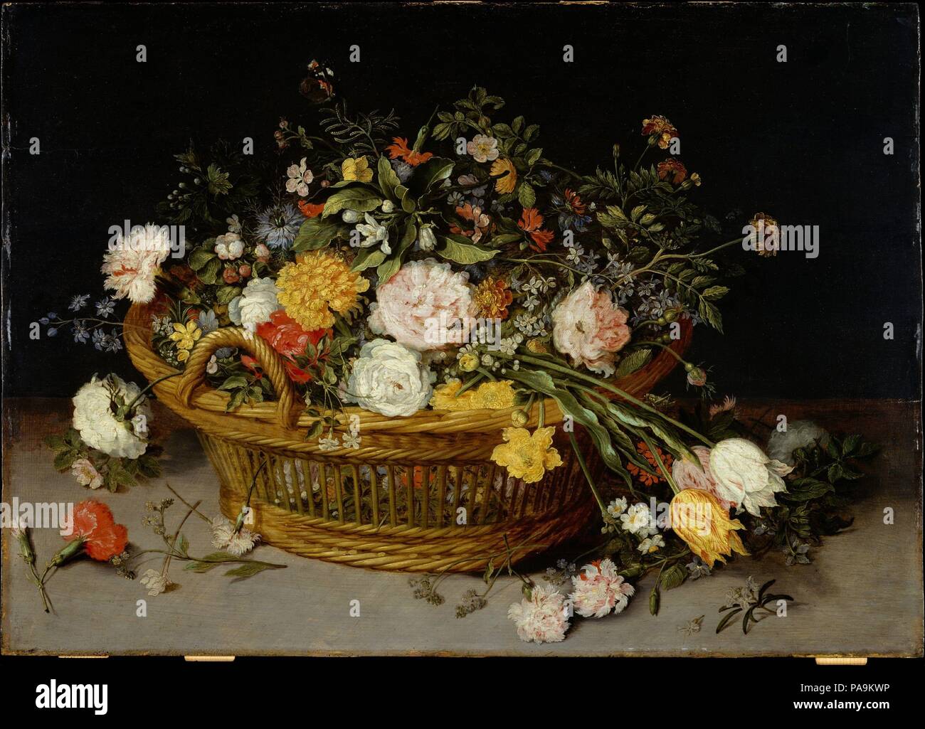 Ein Korb mit Blumen. Artist: Jan Brueghel der Jüngere (Flandern, Antwerpen Antwerpen 1601-1678). Abmessungen: 18 1/2 x 26 7/8 in. (47 x 68,3 cm). Datum: Vermutlich 1620 s. Der Künstler nahm über Studio seines berühmten Vaters im Jahr 1625, als Jan der Ältere starb unerwartet. Die Zusammensetzung ist hier entlehnt aus etwas mehr ausgefeilte Arrangements von Jan ICH; die Ausführung würdigt ihn, ohne die Erreichung der gleichen Raffinesse. Verschiedene Insekten und gefallenen Blumen unterstützen eine konventionelle vanitas Thema, das von der Schmetterling ist erleichtert, ein Symbol für die Seele und die Auferstehung. Museum: Metropolitan Muse Stockfoto